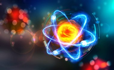 Bilimsel bir kavram. Zekice bir fikir. İlerleme araştırması. HUD ekranının arka planında bir atomun 3 boyutlu çizimi