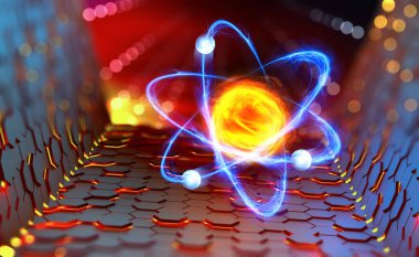 Atom reaktörü. Hadron çarpıştırıcısı deneyleri. Atomun yapısının araştırılması. Bilimde yenilikçi bir buluşun 3 boyutlu illüstrasyonu