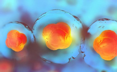 Kök hücre araştırması. Mikroskop altında hücreler. Hücresel Terapi. Hücre bölünmesi. Hafif arkaplanda 3d illüstrasyon