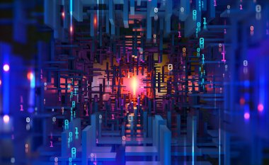 Soyut mor, neon arkaplan. Dijital teknoloji. Yüksek teknoloji internet ağı kavramı. Yörüngesel siber tünellerde geleceğin işlemcisinin 3B çizimi