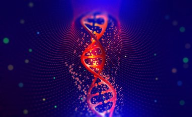 DNA sarmalı. Genetik mühendisliği alanında Hi Tech teknolojisi. İnsan genetiğinde bilimsel bir buluş. Nanoteknolojik ağlı bir DNA molekülünün 3 boyutlu çizimi
