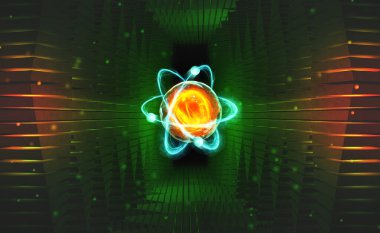 Yapay zekanın yaratılması. Hadronik çarpıştırıcı deneyleri. Atomun yapısının araştırılması. Bilimde yenilikçi bir buluşun 3 boyutlu illüstrasyonu