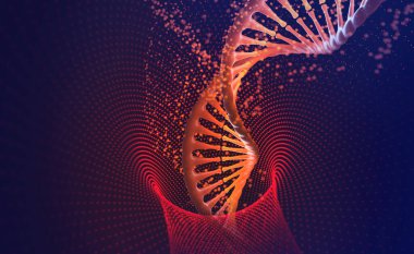 DNA sarmalı. Tıbbi araştırmalarda nanoteknoloji. Genetik mühendisliği alanında Hi Tech. Fütürist bir arkaplanda 3B illüstrasyon