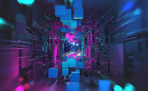 Futuristic Sci Cyberspace Neon Light Blocks Information Digital Data Stream — Stock Photo, Image