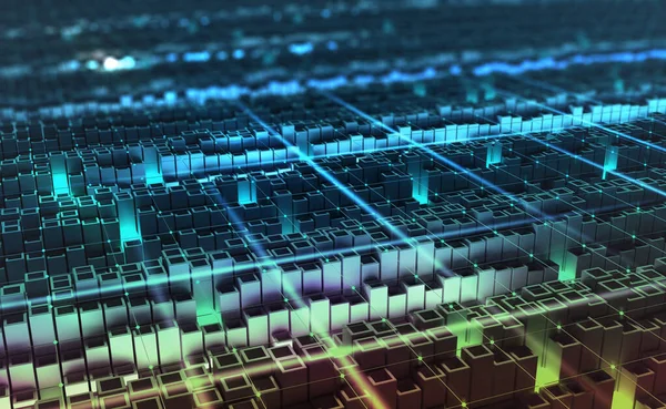 Виртуальный Мир Квантовый Процессор Цифровые Технологии Глобальном Киберпространстве Иллюстрация Городского Лицензионные Стоковые Изображения