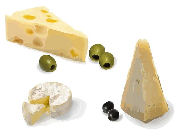 Camembert, parmesão, queijo holandês e azeitonas — Fotografia de Stock
