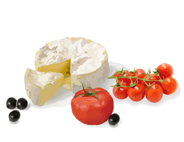 Camembert, Pomodori ciliegia e olive — Foto Stock