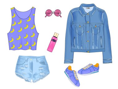 Yaz kıyafeti Koleksiyonu aksesuarları ile bir dizi.