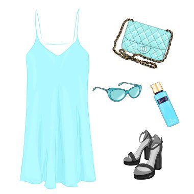  Yaz kıyafeti Koleksiyonu aksesuarları ile bir dizi.