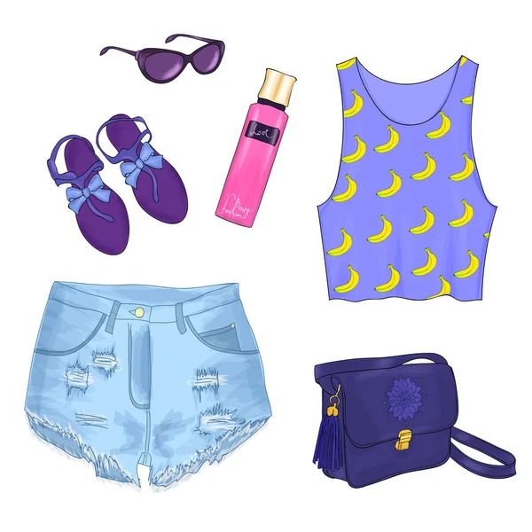 Eine Reihe von Sommer-Outfits mit Accessoires. — Stockvektor