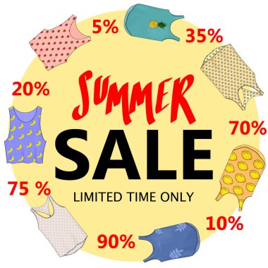 Yaz Satılık, büyük indirimler. Flyer şablonu, elle çizilmiş afiş. V