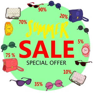 Yaz Satılık, büyük indirimler. Flyer şablonu, elle çizilmiş afiş. V