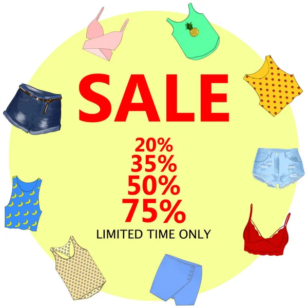 Yaz Satılık, büyük indirimler. Flyer şablonu, elle çizilmiş afiş. V