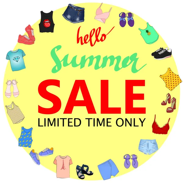 Yaz Satılık, büyük indirimler. Flyer şablonu, elle çizilmiş afiş. V