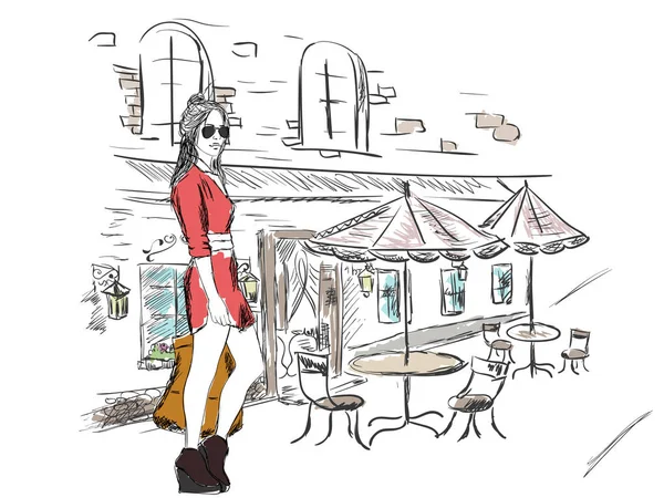 アーキテクチャの背景に大都市のファッションの女の子. — ストックベクタ
