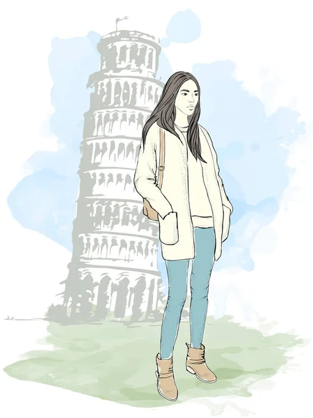 Девушка из моды в большом городе на фоне архитектуры . — стоковый вектор