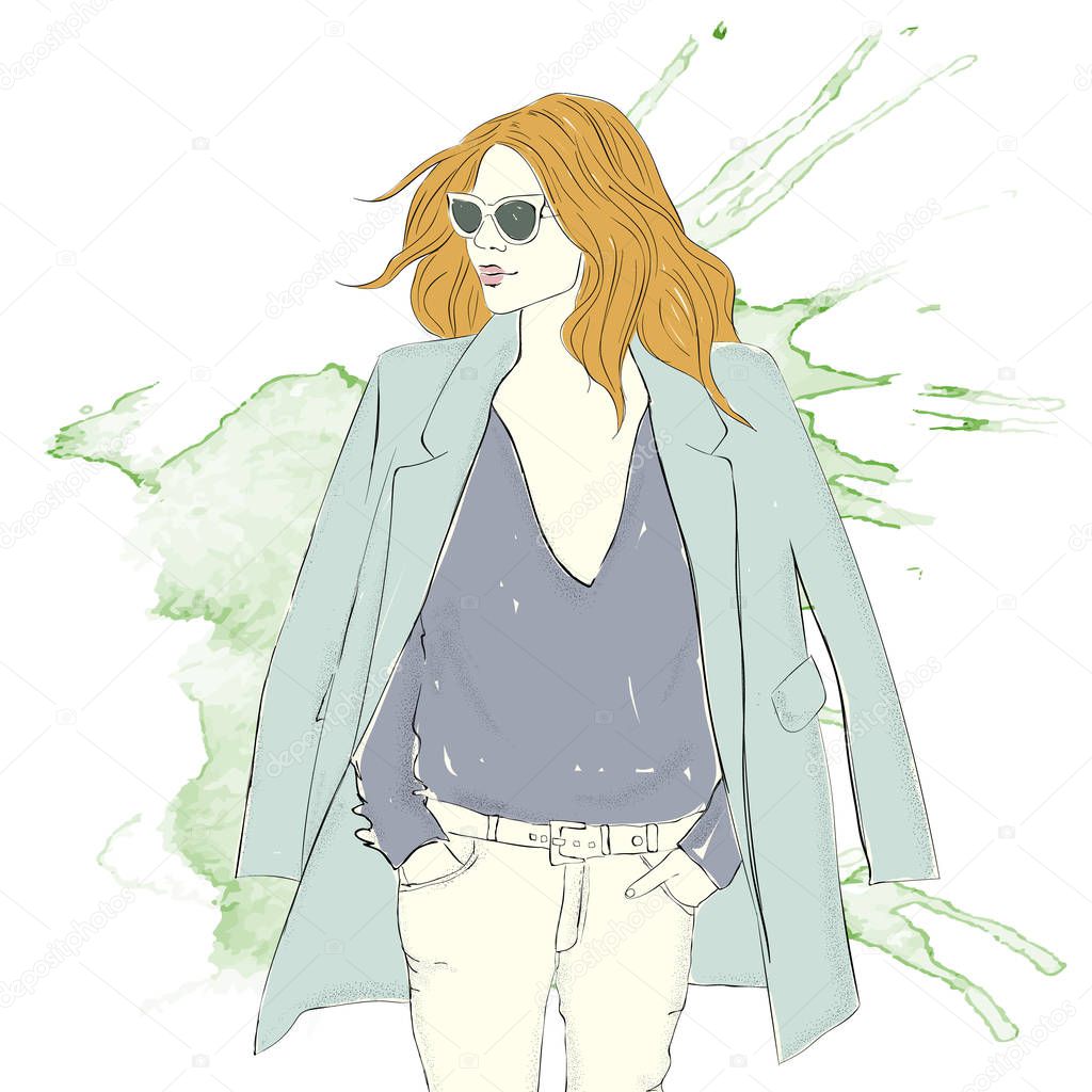 Fashion girl. Sketch. Hand drawn vector illustration.