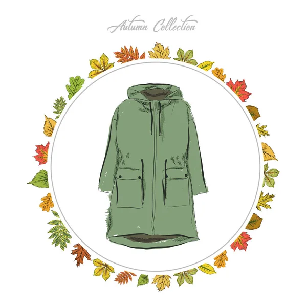 Jacke, handgezeichnete Kleidung. Herbstkollektion. Rahmen des Herbstes le — Stockvektor