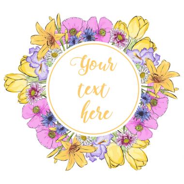 Blooming Bahçe çiçek çiçek tebrik kartı. Flo çelenk