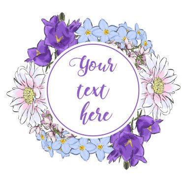 Blooming Bahçe çiçek çiçek tebrik kartı. Flo çelenk