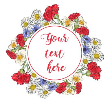 Blooming Bahçe çiçek çiçek tebrik kartı. Flo çelenk