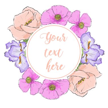 Blooming Bahçe çiçek çiçek tebrik kartı. Flo çelenk