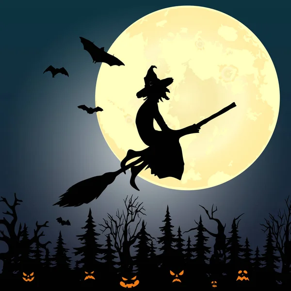 Festa de Halloween. Abóbora, árvores, morcegos e lua cheia. Halloween. — Vetor de Stock