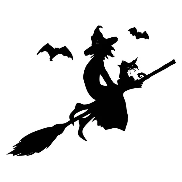 Festa de Halloween. Bruxa com um gato em uma vassoura e morcegos. Cartaz de Halloween. Ilustração vetorial . —  Vetores de Stock