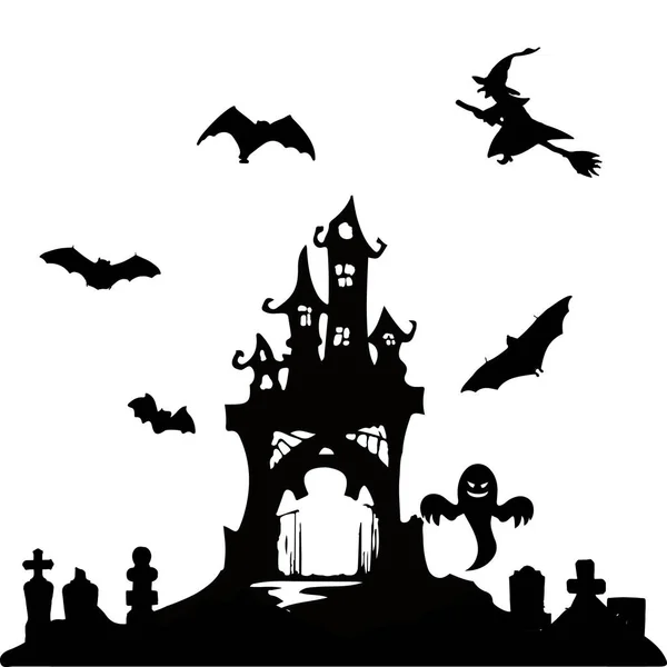 Fiesta de Halloween. Castillo, murciélagos y cementerio. Cartel de Halloween. Ilustración vectorial . — Archivo Imágenes Vectoriales