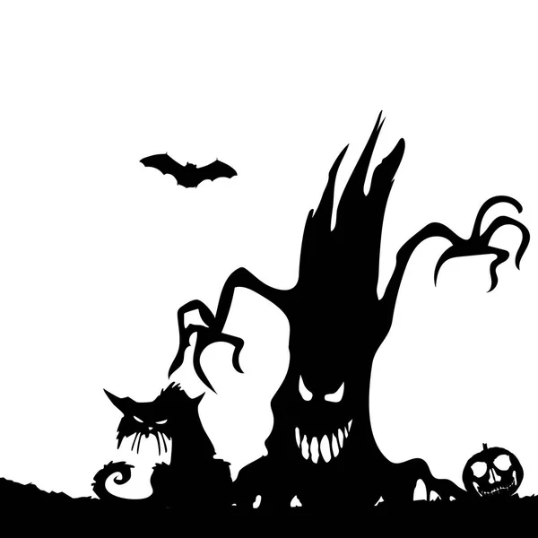 Cadılar Bayramı partisi. Silhouette kötü bir ağaç ve bir kedi. Cadılar Bayramı poster. Vektör çizim. — Stok Vektör