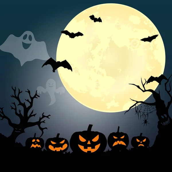 Fiesta de Halloween. Calabaza, árboles, murciélagos y luna llena. Halloween — Vector de stock