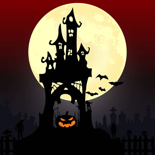 Festa de Halloween. Abóbora, árvores, morcegos e lua cheia. Halloween. — Vetor de Stock