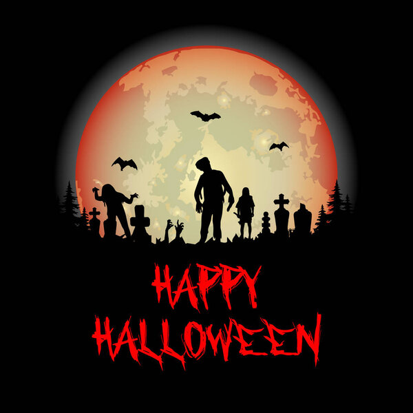 Хэллоуинская вечеринка. Тыква, деревья, летучие мыши и полная луна. Хэллоуин
 