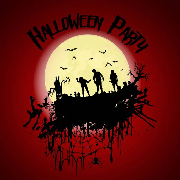 Halloween party.Zombie, cemitério, árvores assustadoras e uma lua cheia . —  Vetores de Stock