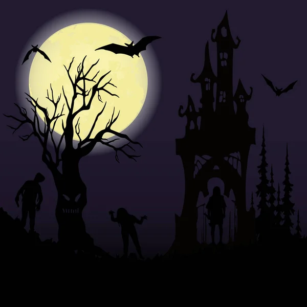 Fiesta de Halloween. Castillo, árbol espeluznante y luna llena. Halloween — Archivo Imágenes Vectoriales
