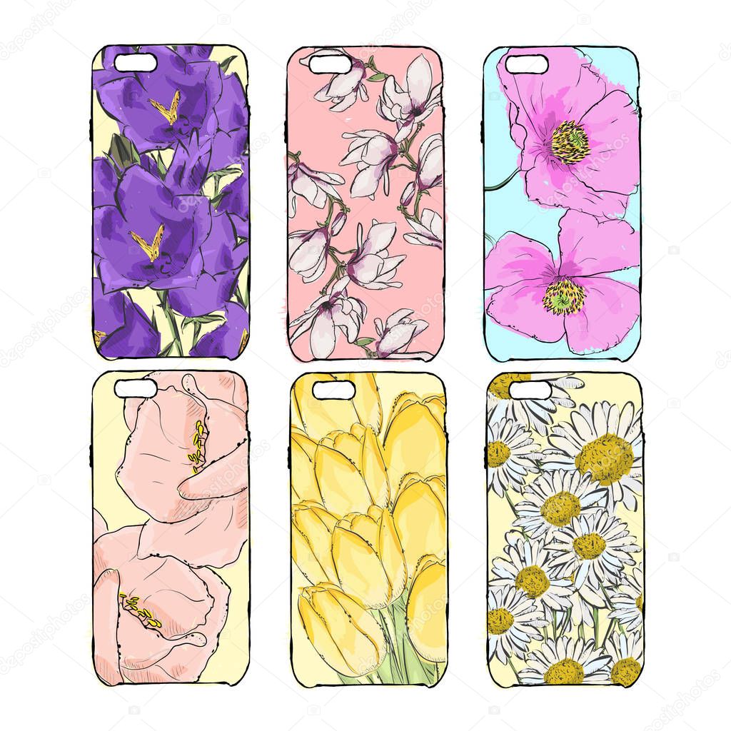 Hand drawn illustration of phone accessories isolated from backg