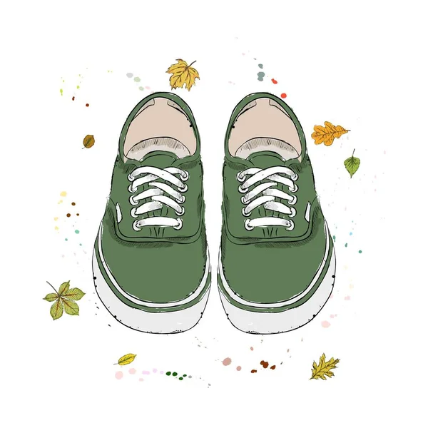 Yeşil modern spor ayakkabıları. Ayakkabı sonbahar yaprakları arka plan ve suluboya damlaları. Beyaz bir arka plan üzerinde çizilmiş vektör çizim el. — Stok Vektör
