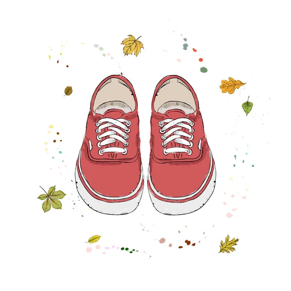 Sneakers rosse moderne. Scarpe sullo sfondo di foglie autunnali e gocce di acquerello. Illustrazione vettoriale disegnata a mano su sfondo bianco . — Vettoriale Stock