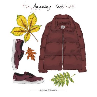 Sonbahar kıyafeti aksesuarları ile kümesi. Ceket, fashionabl