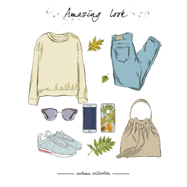 Herbst-Outfit mit Accessoires: Parka, stylische Jeans, Turnschuhe, Handytasche mit Herbstprint, Kamera, fallendes Laub. handgezeichnete Vektorillustration auf weißem Hintergrund. — Stockvektor