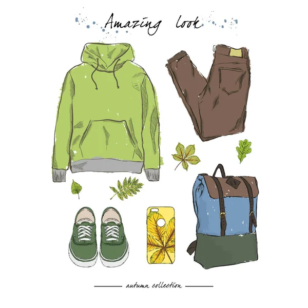 Herbst-Outfit mit Accessoires: Kapuzenpullover, stylische Jeans, — Stockvektor