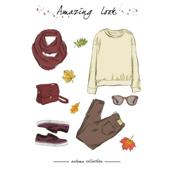 Herbst-Outfit mit Accessoires: gelber Pullover, stylis — Stockvektor