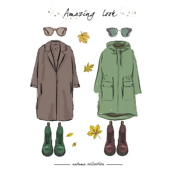 Un ensemble de tenues d'automne avec accessoires : parka, bottes sur lacets , — Image vectorielle