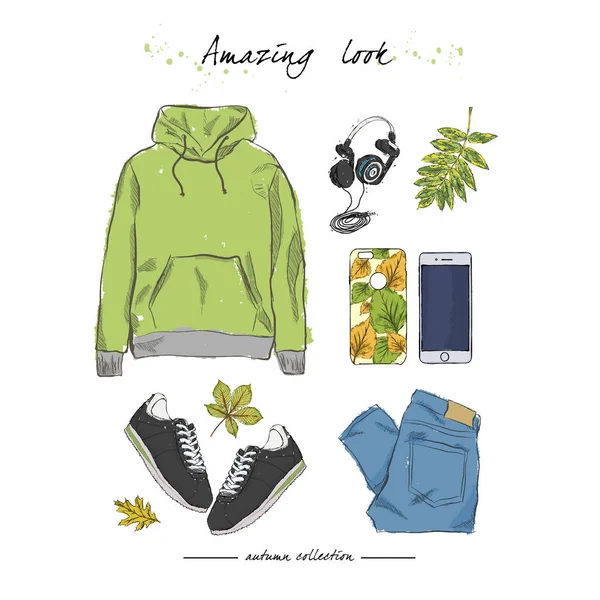 Een set van herfst outfit met accessoires: hoodies, parka, stijlvolle — Stockvector