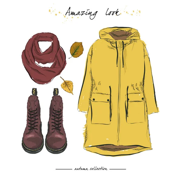 Herbst-Outfit mit Accessoires: Parka-Jacke, Spitzenstiefel — Stockvektor