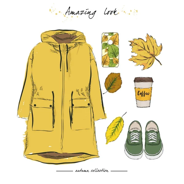 Un ensemble de tenues d'automne avec accessoires : Parka, baskets stylées — Image vectorielle