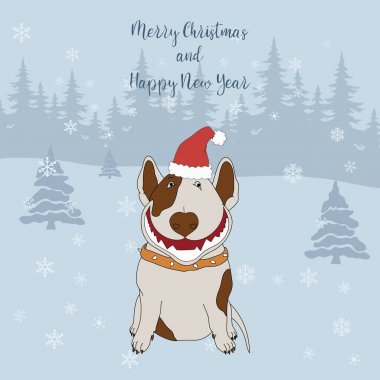 Mutlu Noeller ve mutlu yeni yıl. Karikatür tebrik kartı ile bir