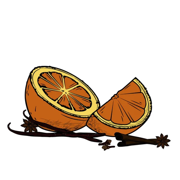 Ρεαλιστική πορτοκάλια, κανέλα, γαρίφαλο και βανίλια. Σετ για ζεστό — Διανυσματικό Αρχείο