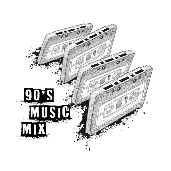 Audio kazetta, retro zene jelképe. 90-es évek zenei mix. 80-as-rész — Stock Vector