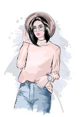 Şapkalı güzel bir genç kadın. Gözlüklü şık kız. Fashio